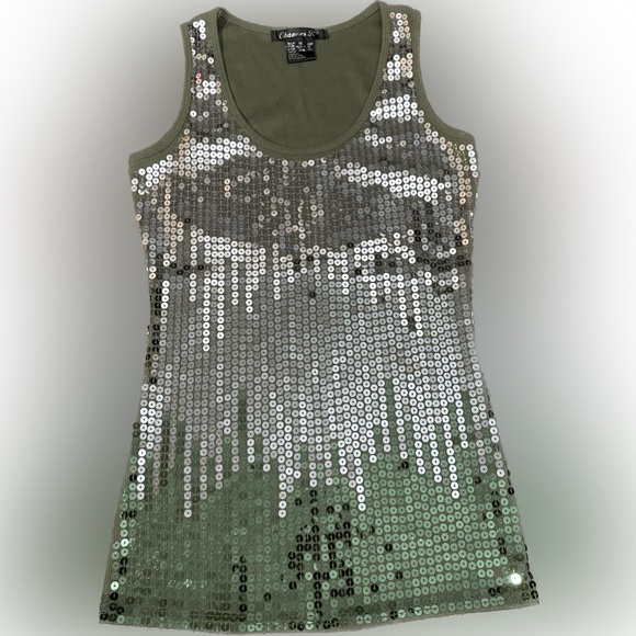 Chances R olive army green tank top silver sequins sleeveless size medium cotton - Picture 1 of 12